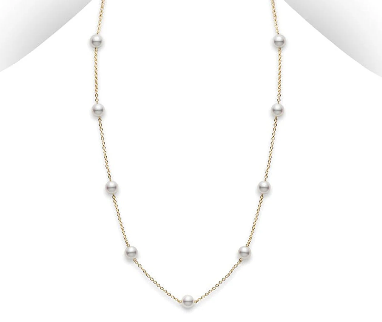 Akoya Cultured Pearl Station Necklace in 18K Yellow Gold