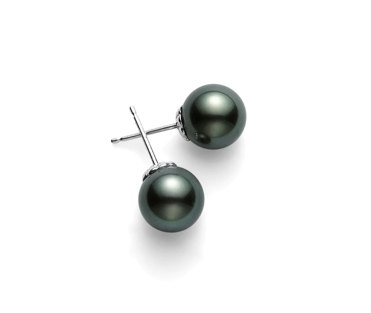 Black South Sea Stud Earrings in 18K White Gold, A+, 9mm